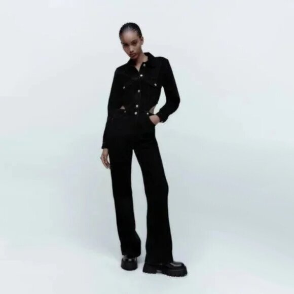 NWT Zara black full length denim jumpsuit with cut outs at waist, XS - Picture 1 of 13